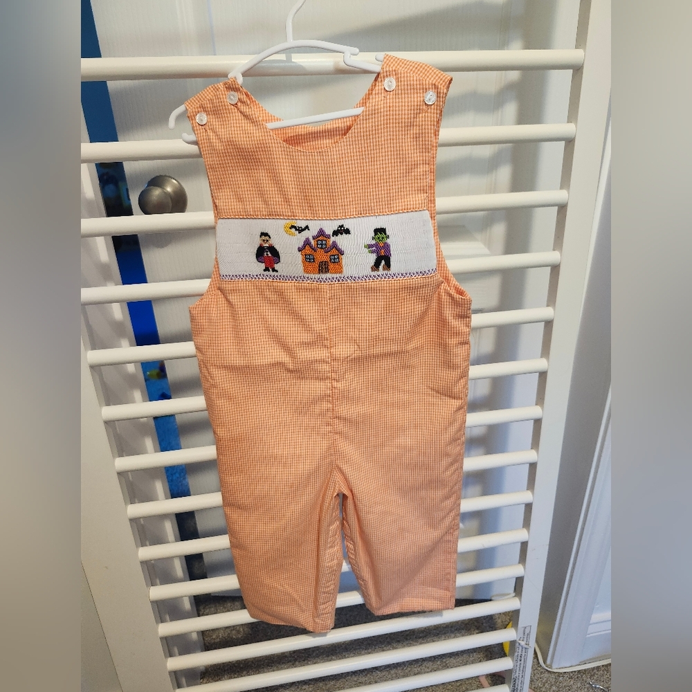 Halloween Orange Kids Overalls with Embroidered Pattern